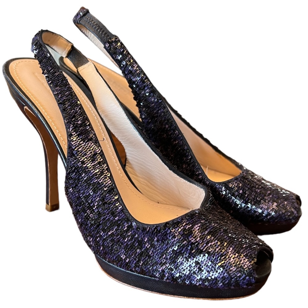 Jil Sander Micro Sequin Navy Peep Toe Slingback High Heel Pumps Size 39 1/2